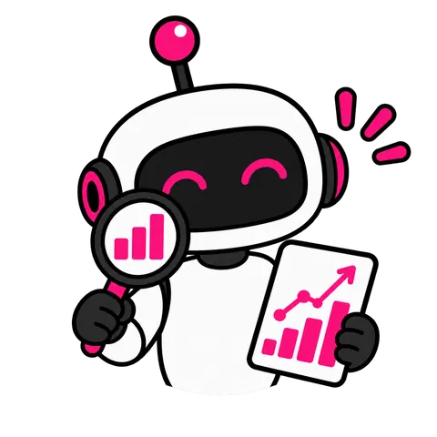 Witty Worx Analyst, a robot with a magnifying glass and a rising chart: the AI agent that studies which social media posts worked