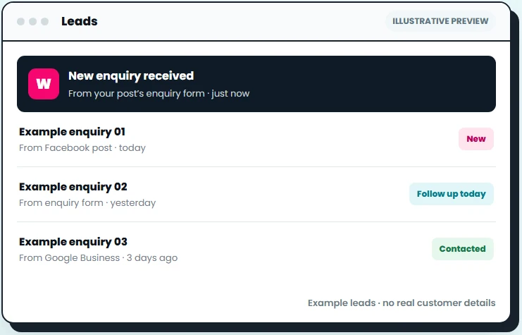 Illustrative Witty Worx Leads list with example enquiries and follow-up statuses