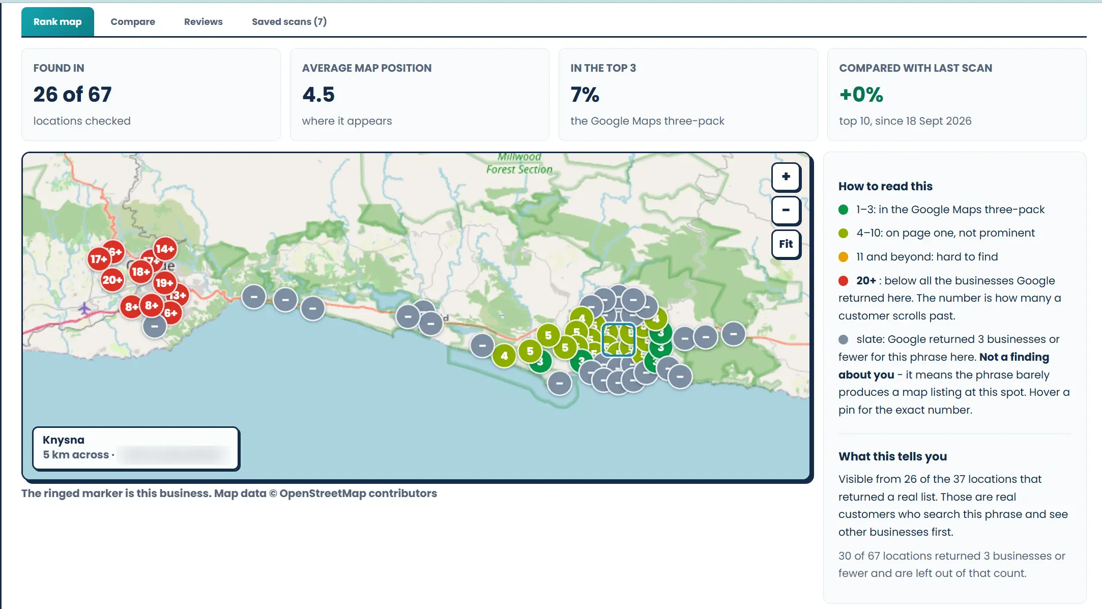 Real Witty Worx Local GEO map across Knysna showing where a business ranks on Google Maps from points across the area; the search phrase is blurred