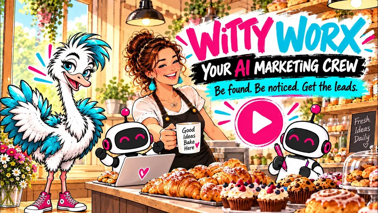 Strut the ostrich, a smiling cafe owner holding a 'Good ideas bake here' mug and two crew robots in a bakery, beside the words Witty Worx, your AI marketing crew: be found, be noticed, get the leads