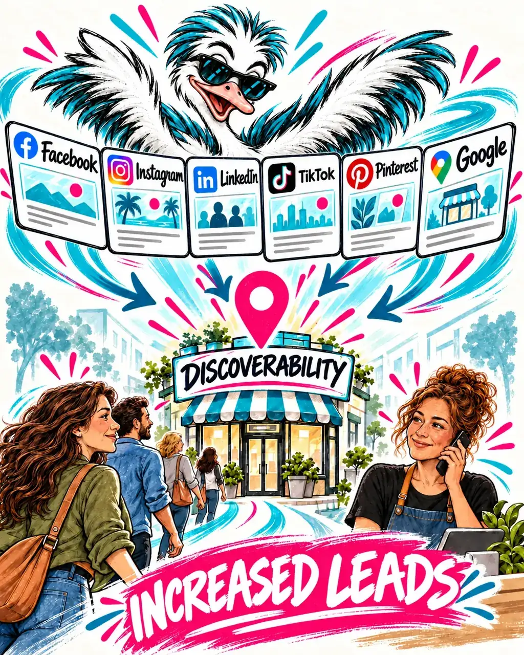 Strut brings Facebook, Instagram, LinkedIn, TikTok, Pinterest and Google together to help a small business become more discoverable and gain more leads