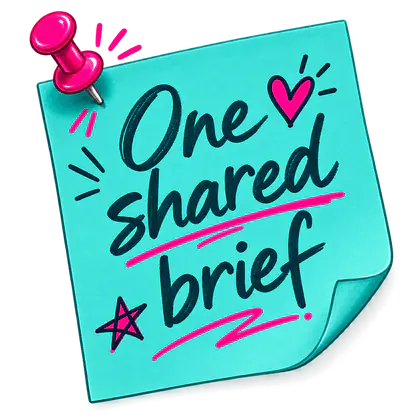 Handwritten note reading One shared brief: every Witty Worx AI agent works from the same brief about your business