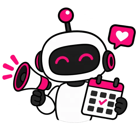 Witty Worx Social Media Manager, a robot with a megaphone and a calendar: the AI agent that plans posting across your channels