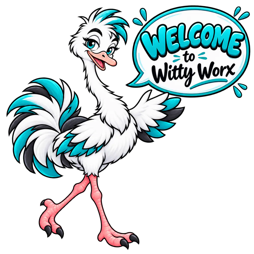 Strut the Witty Worx ostrich inviting business owners to start a free trial