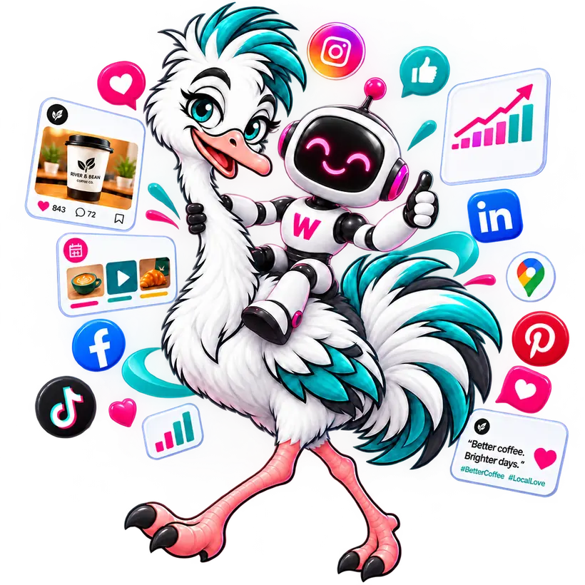 Strut the ostrich and the Witty Worx AI marketing crew creating visible, active social media marketing for small businesses