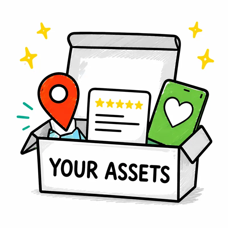Illustration of a box labelled Your Assets holding a map pin, a five-star review and a phone: your posts, pictures, leads and brand stay yours