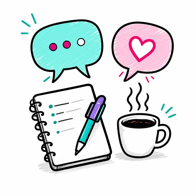 Illustration of chat bubbles, a notebook, a pen and a cup of coffee: clear, plain-language communication about your marketing