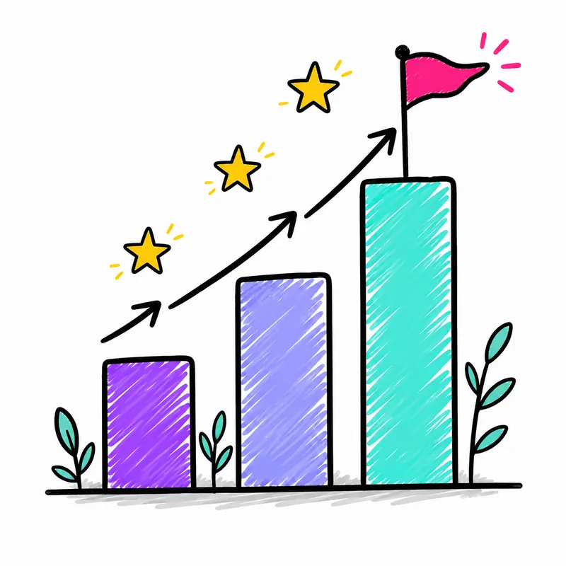 Illustration of a rising bar chart with stars and a flag at the top: steady, sustainable business growth from consistent marketing