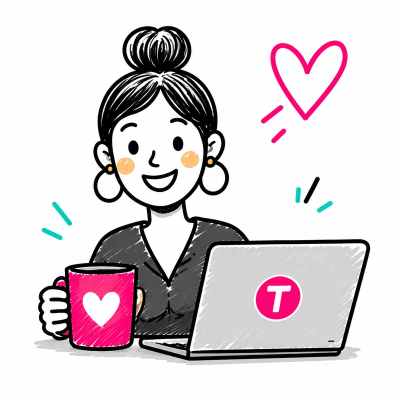 Illustration of Tash from Tash Digital at her laptop with a coffee mug: a real person supporting every Witty Worx client