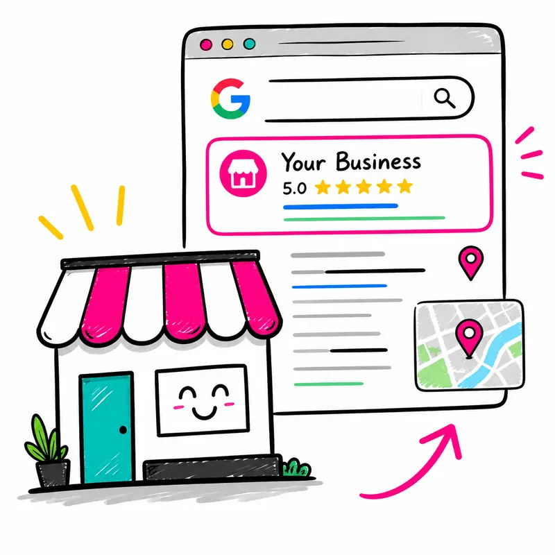 Illustration of a small shop beside its Google Business listing with a five-star rating and a map pin: practical local marketing that gets a business found