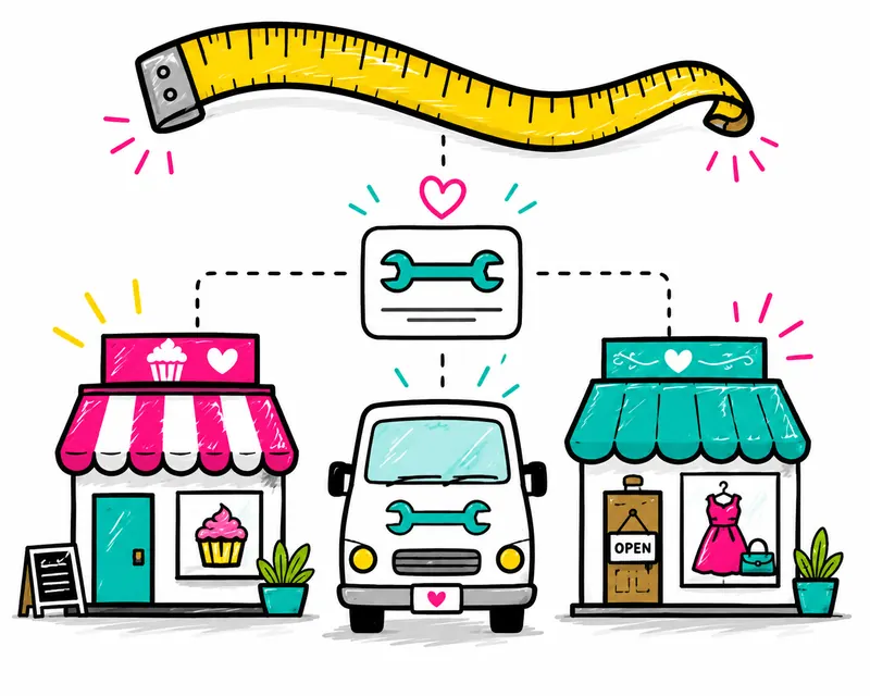 Illustration of a bakery, a plumber's van and a boutique joined by a tape measure: marketing tailored to each kind of small business