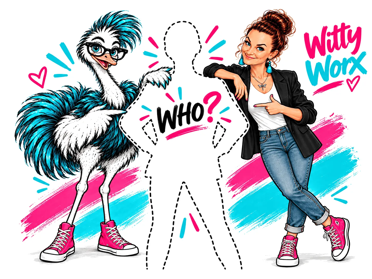 Strut and Tash, both in pink Converse, beside a dotted outline of a business owner with the word WHO?