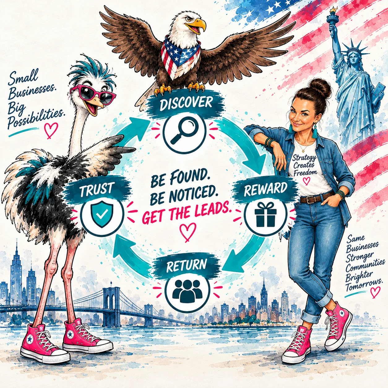 Tash, Strut the ostrich and an American eagle beside New York: a cycle of Discover, Reward, Return and Trust around the words Be found. Be noticed. Get the leads.