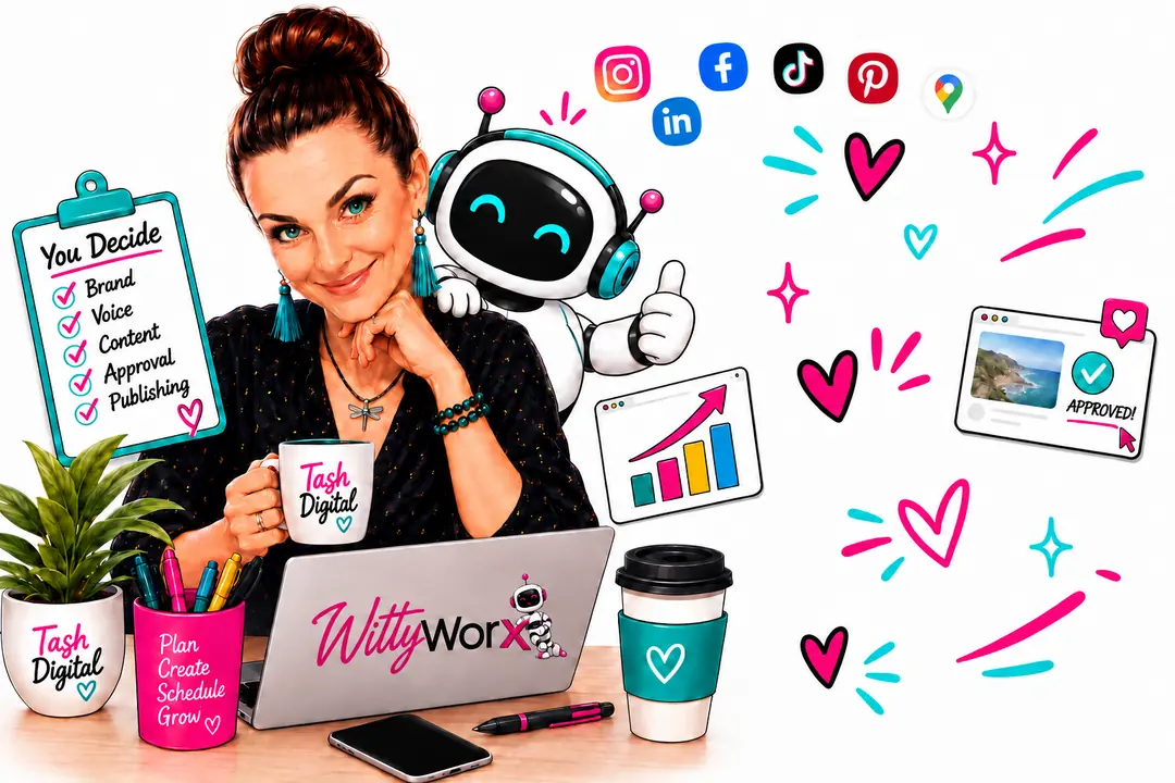 Tash and the Witty Worx robot at a desk: you decide your brand, voice, content, approval and publishing